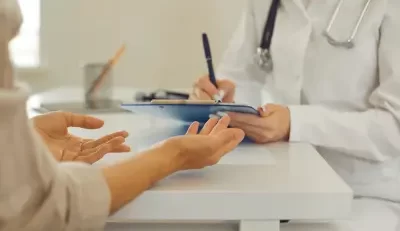 A healthcare professional in a white coat is taking notes on a clipboard while listening to a patient, highlighting the importance of employee benefits health.