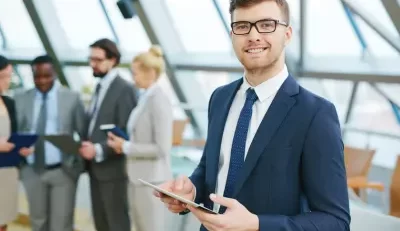 Confident professional discussing benefits for federal employees.
