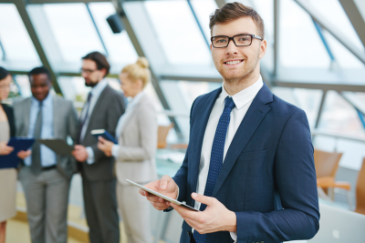 Confident professional discussing benefits for federal employees.
