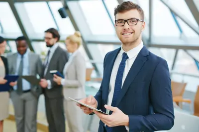 Confident professional discussing benefits for federal employees.