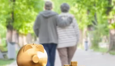 Golden piggy bank with coins, symbolizing retirement savings, and Thrift Savings Program, a couple walking in the background.