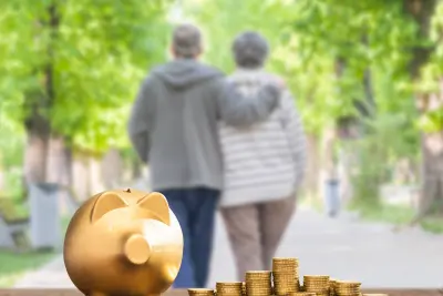 Golden piggy bank with coins, symbolizing retirement savings, and Thrift Savings Program, a couple walking in the background.