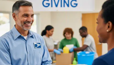 Postal worker supporting a local charitable giving event.
