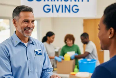 Postal worker supporting a local charitable giving event.