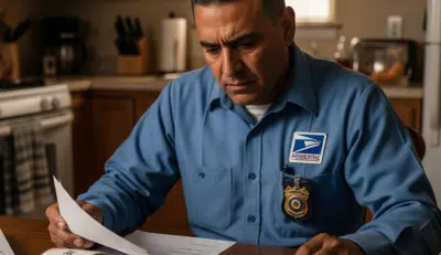 Concerned postal worker reviewing IRA early withdrawal paperwork.