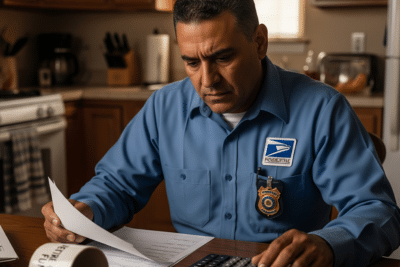 Concerned postal worker reviewing IRA early withdrawal paperwork.