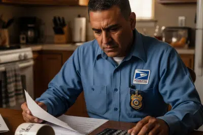 Concerned postal worker reviewing IRA early withdrawal paperwork.