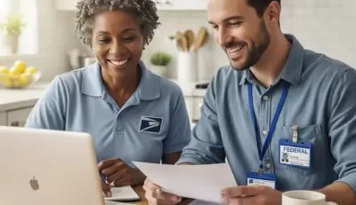 USPS worker reviewing SEP IRA rules with a federal benefits advisor.