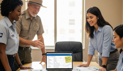 Federal workers reviewing retirement savings brochures with laptop and TSP calculator in bright office.