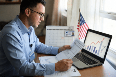 Federal worker reviewing charts and TSP contribution rates at desk
