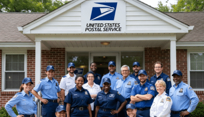 Group of USPS workers outside post office building discussing postal employee benefits