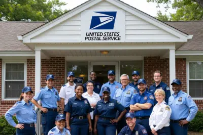 Group of USPS workers outside post office building discussing postal employee benefits