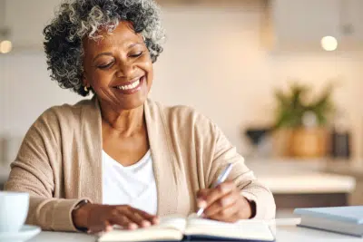 Woman planning retirement with notes on TSP catch up contributions